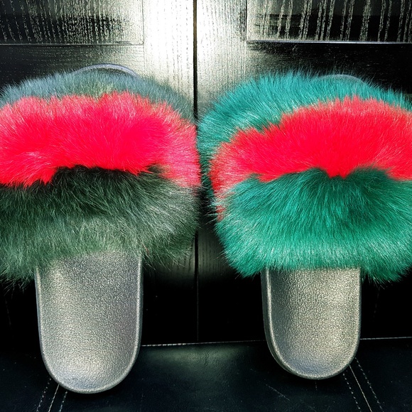 -Handmade Green Red Luxury Fox Fur Fluffy Slide - Picture 3 of 8